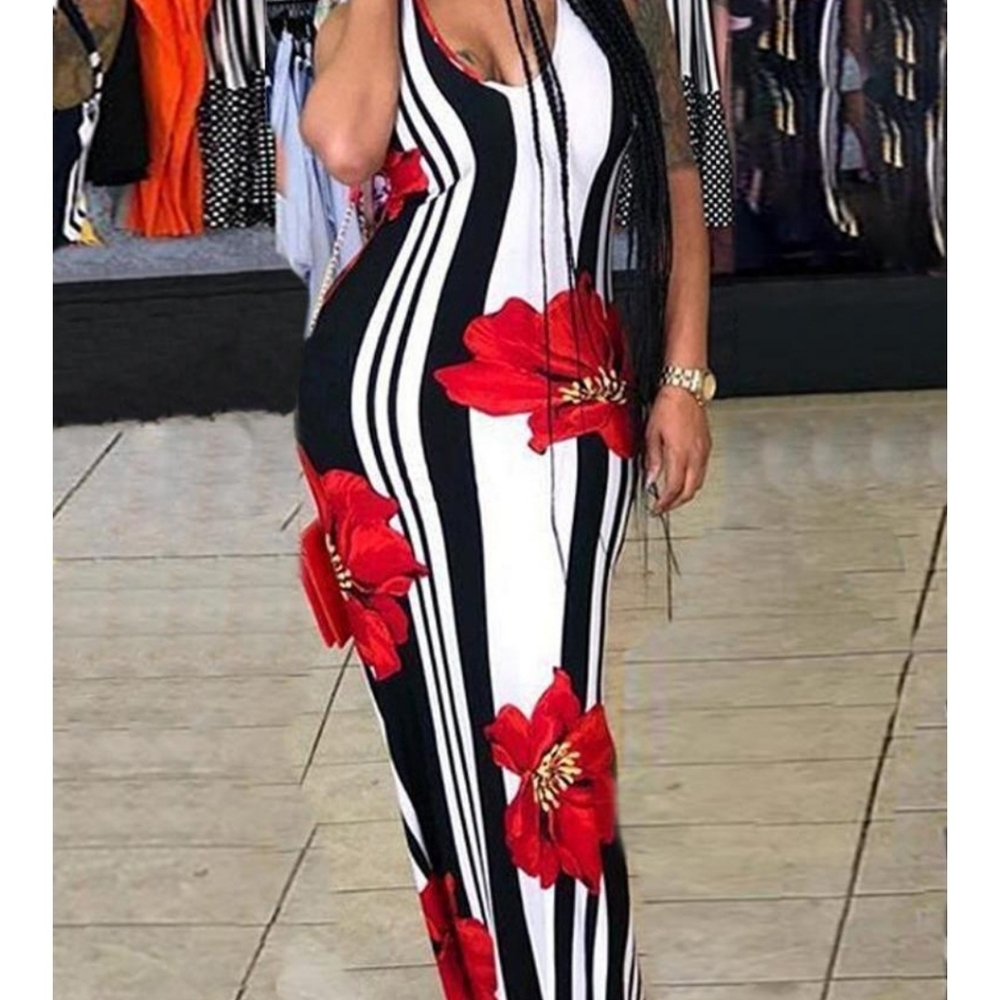 Floral Print Striped Bodycon Maxi Dress